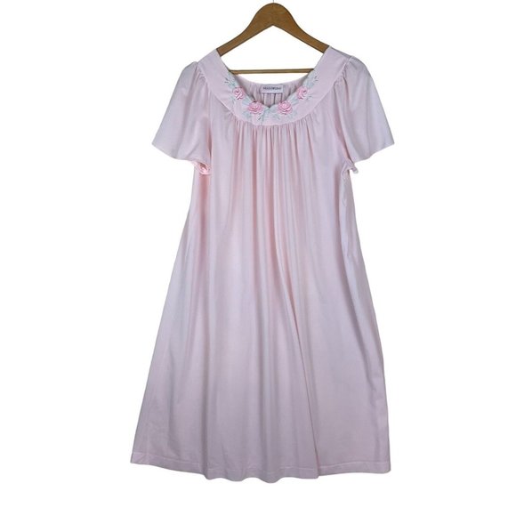 Vintage Nightgown/Robe Set Women’s Size Medium Shadowline Pink Nylon Rose Trim - Picture 1 of 13